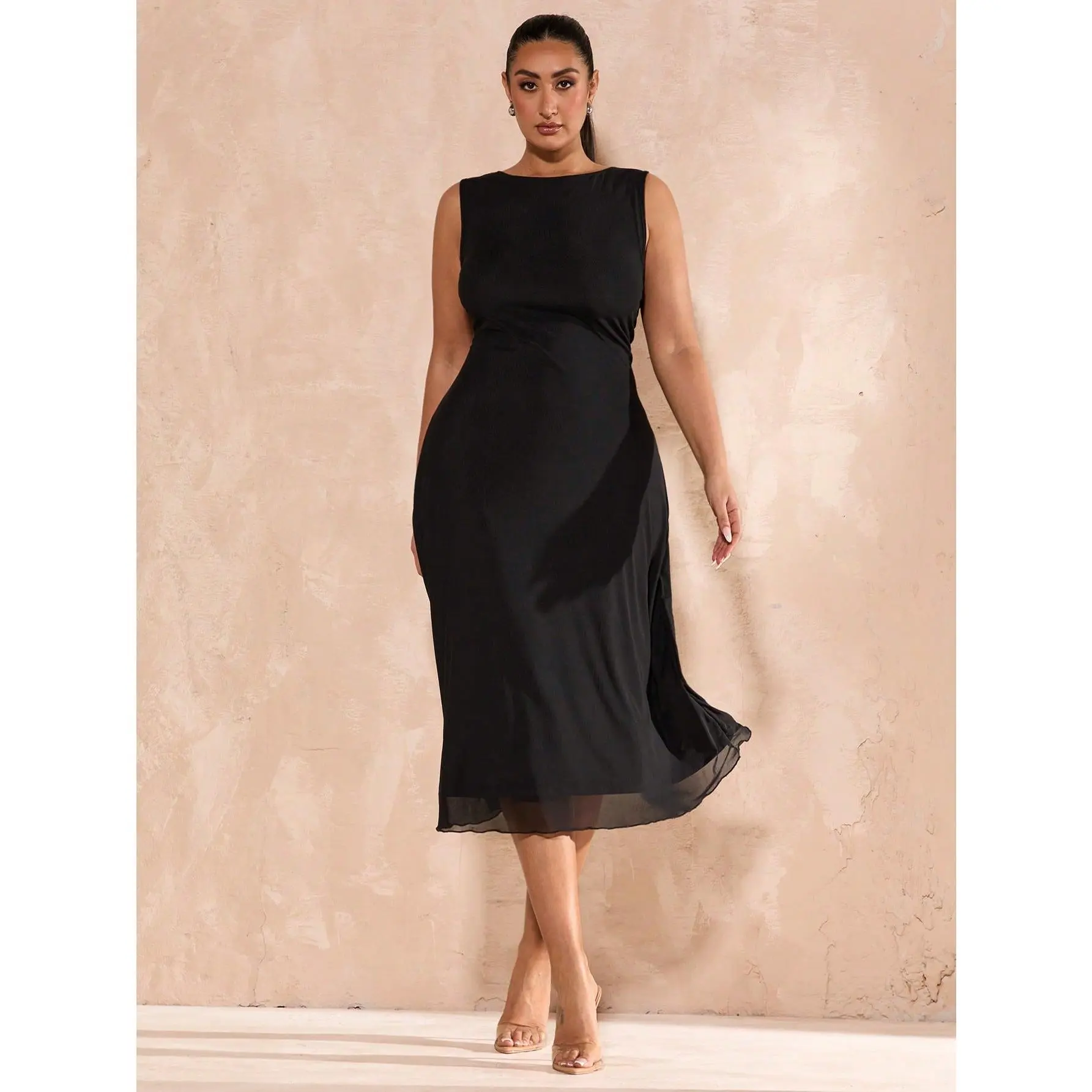 Women's Plus Size Black Chic Mesh Mid-Length A-Line Formal Wear Dress - Solid Fabric, Autumn Dinner, Wedding Guest Attire