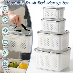 4 Pack Fruit Storage Containers for Fridge, Airtight Produce Containers with Removable Colander & Divider, Stackable Portable Food Storage with Handle