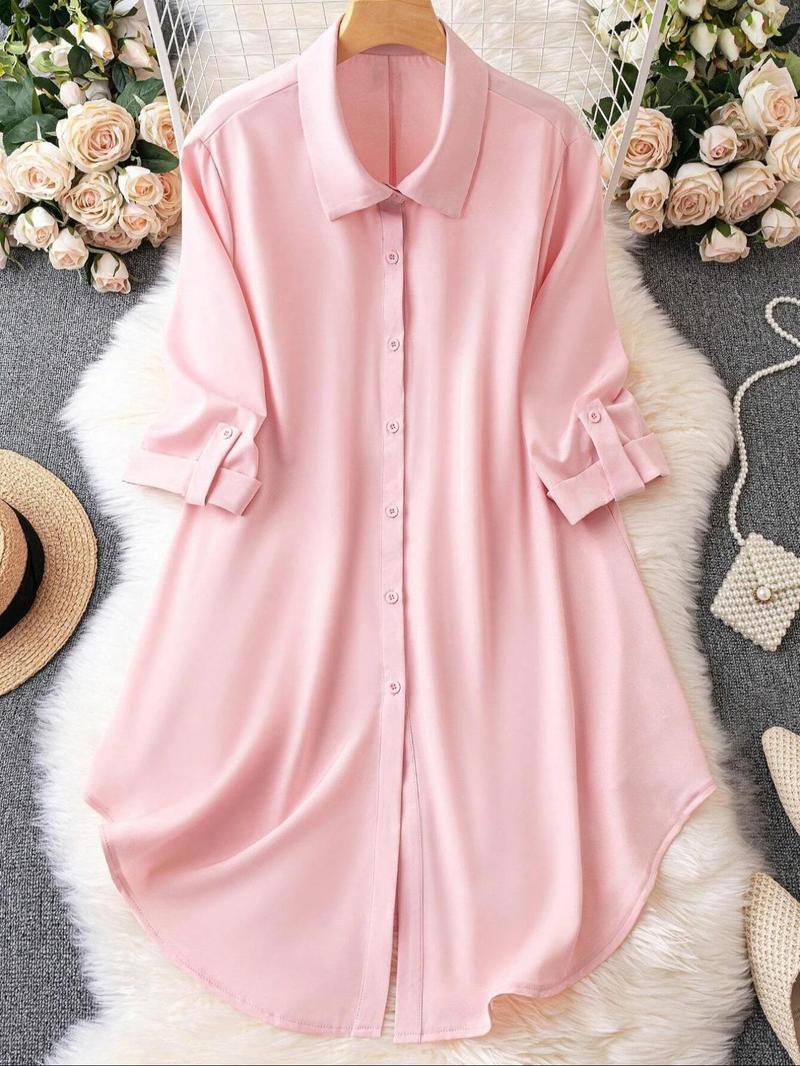 Plus Solid Long Sleeve Button Front Shirt Blouse, Casual Collared Button Up Top for Spring & Fall, Women's Clothes for Daily Wear, National Day Clothing