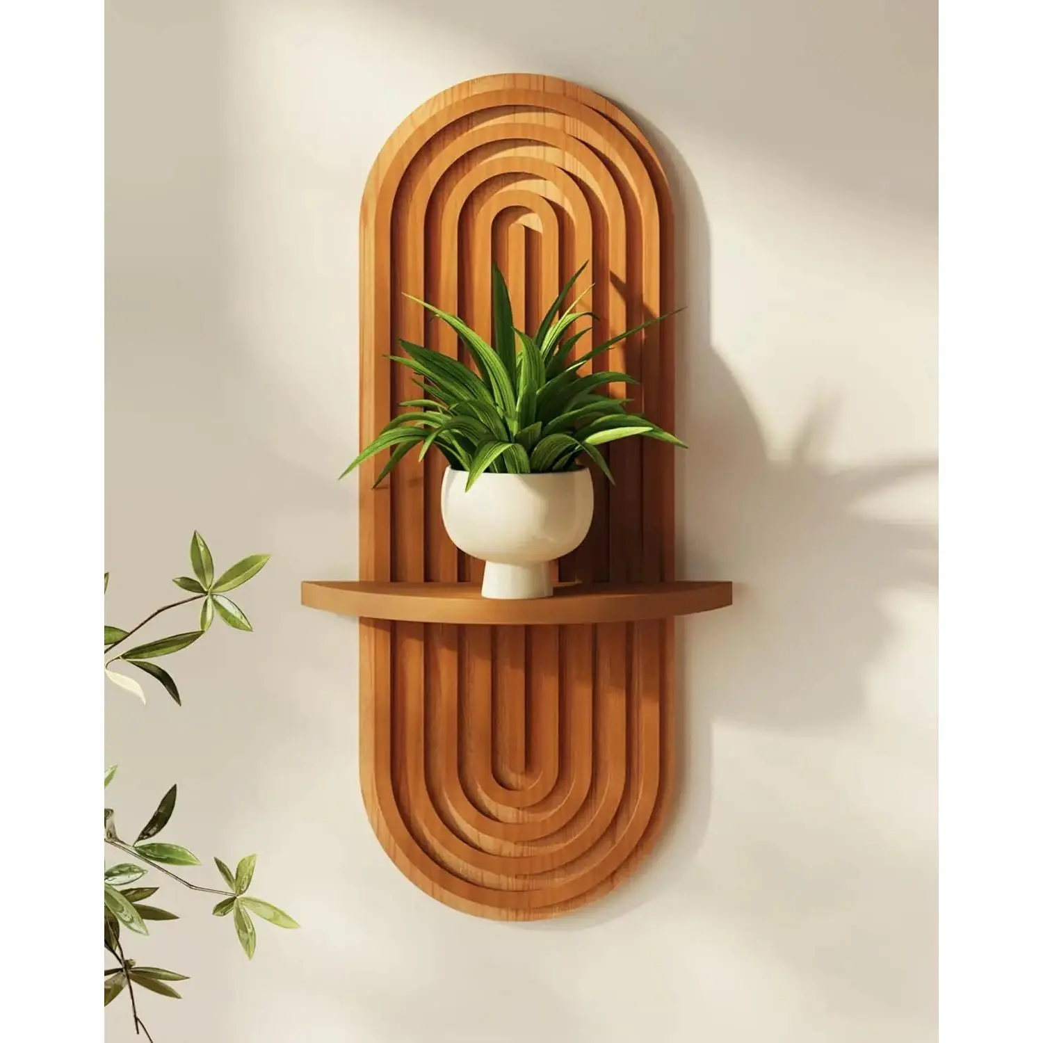 Boho Wall Decor Brown Plant Wall Shelf, Mid Century Modern Decor Hanging Plant Shelf, 1-Tier Bamboo Floating Shelves for Home Bathroom Bedroom Living Room Holding Planter Decoration Brown
