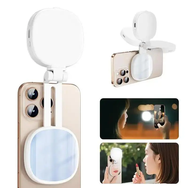 3-in-1 Magnetic Mirror Selfie LED Fill Light for Phones - Rechargeable Clip-On, 360° Rotating Holder, 3 Color Temperature Modes, Portable Vlogging Equipment for Makeup, Live Streaming, Daily Beauty Use