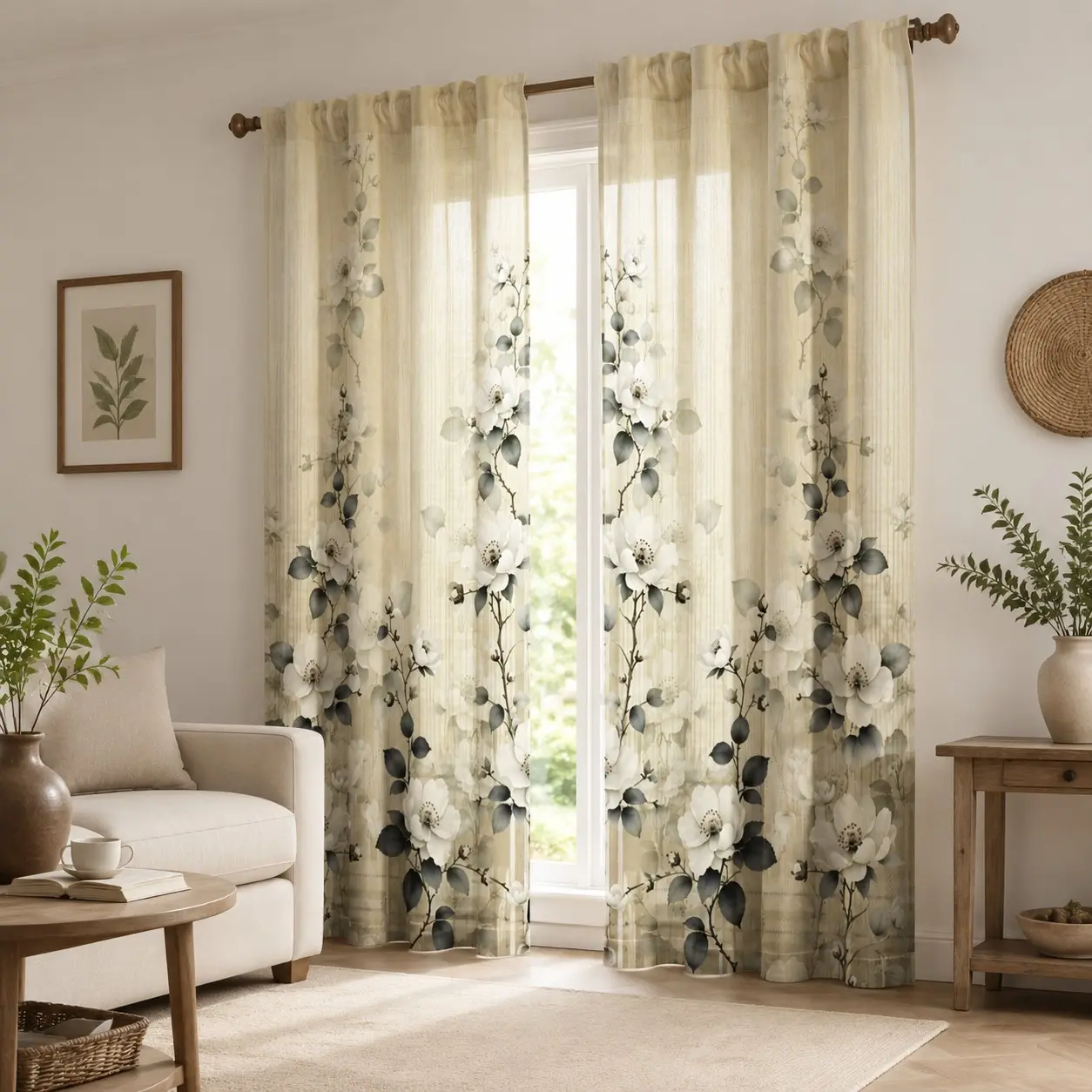 2-Piece Floral Pattern Semi-Transparent Curtains, Lily Curtain Set, Digital Print, Suitable for Living Room, Bedroom, Balcony, Study, Home Warmth