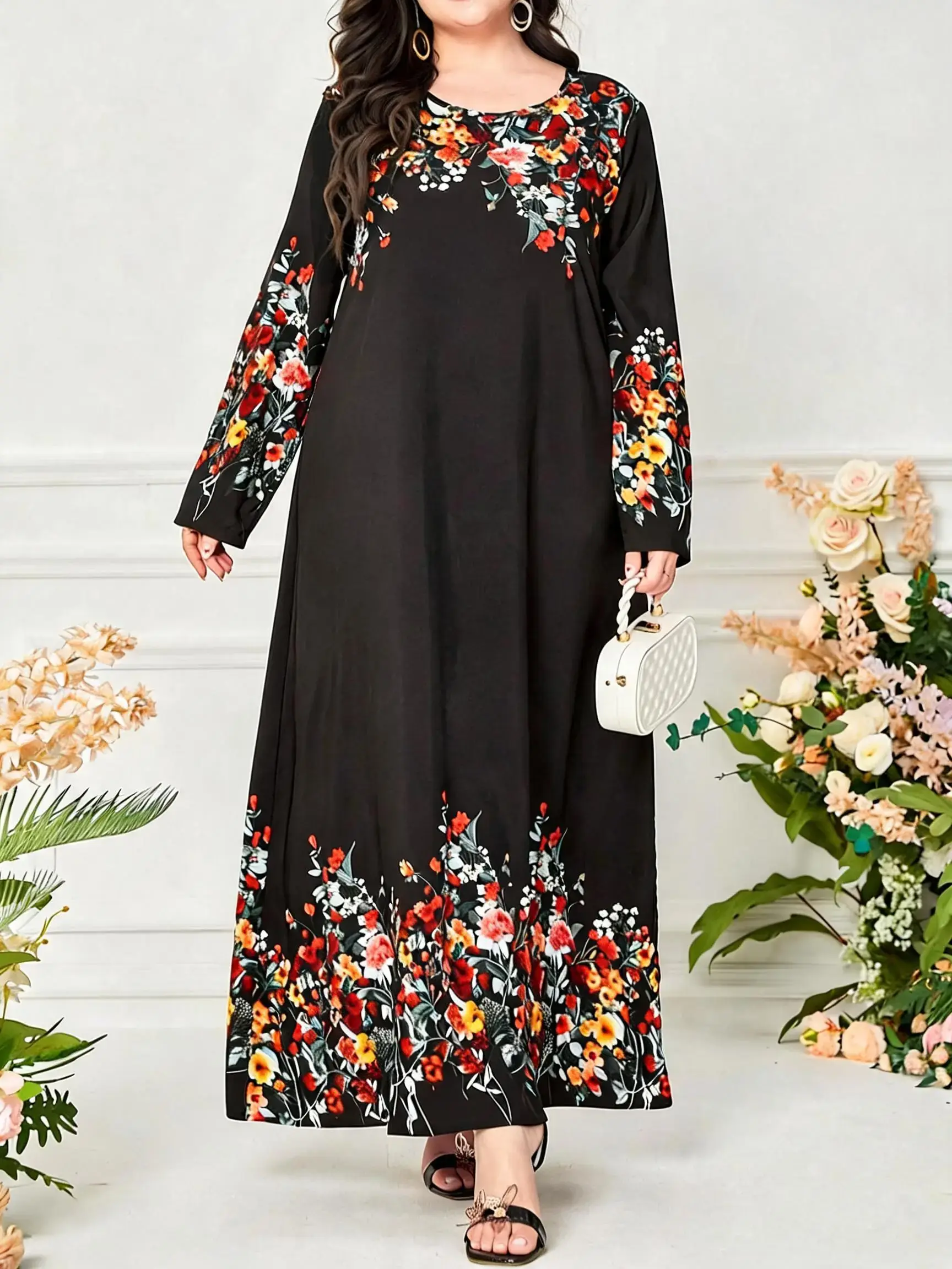 Plus Size Floral Print Long Sleeve Maxi Dress, Elegant Boho Spring & Fall Dresses for Women Daily Wear Holiday Vacation, Ladies Clothes