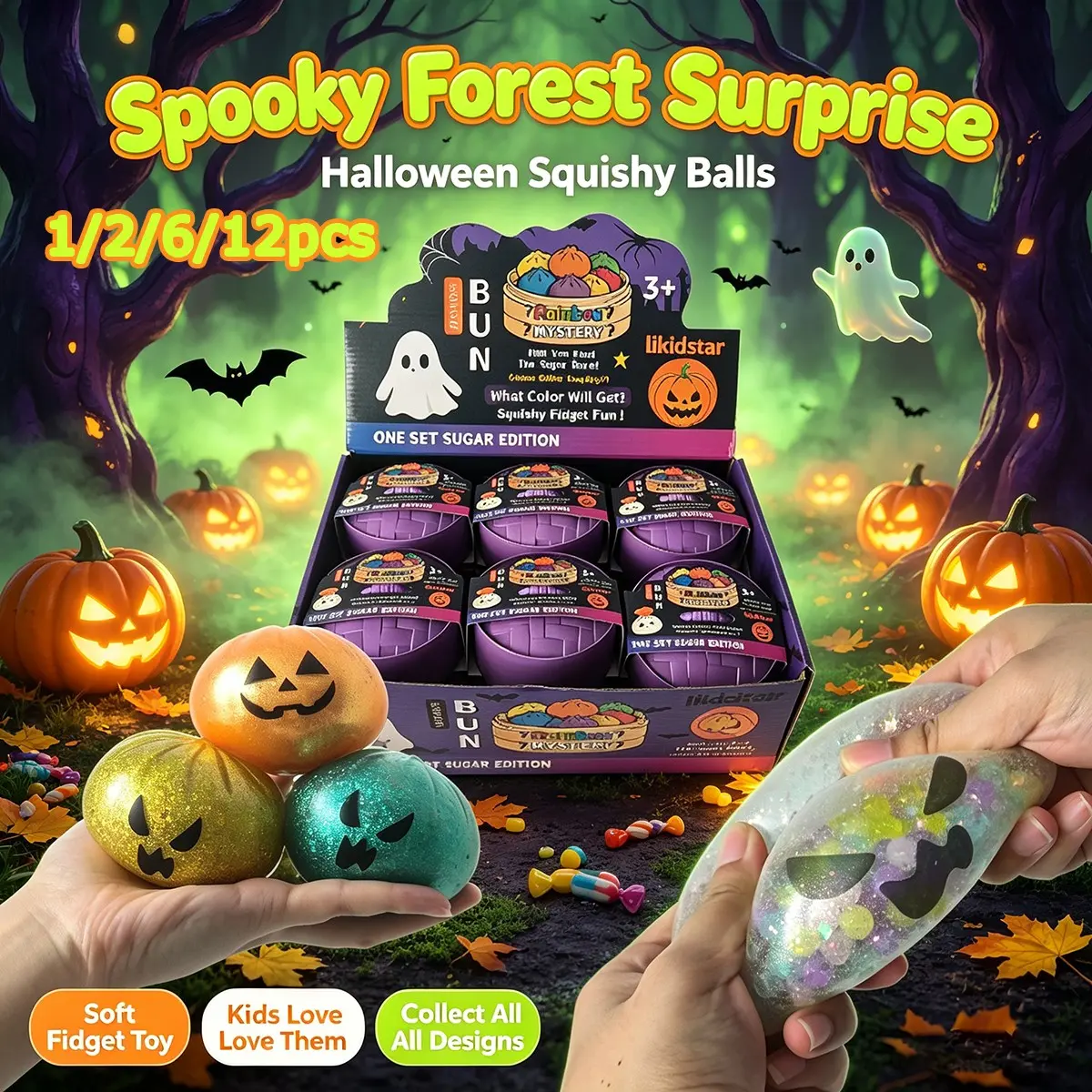 1/2/6/12 Pack Spooky Halloween Pumpkin Dumpling Stress Relief Squeeze Toys, Glitter Jelly Transparent Dumplings Squish Fidgets, Stretchable Sensory Hand Toys for Anxiety Relief, Halloween Goodie Bag Decompression Gift ﻿