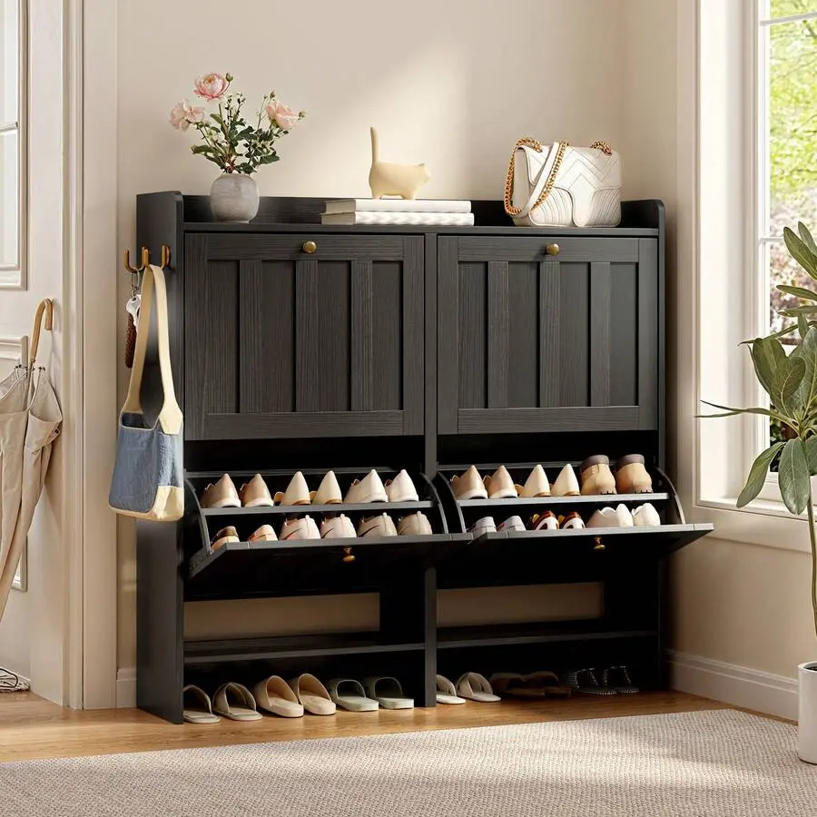 Shoe Storage Cabinet With 4 Flip Drawers, Narrow Freestanding Storage Organizer, Farmhouse Hidden Shoe Cabinet Entrance, Hallway,Black
