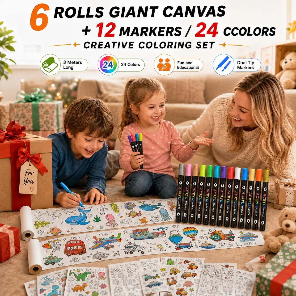 6-Pack Giant Coloring Rolls for Kids, 3m Coloring Poster Set with 12 Dual-Tip Markers, 24 Colors, Screen-Free Arts & Crafts Activity, Creative Gift for Kids
