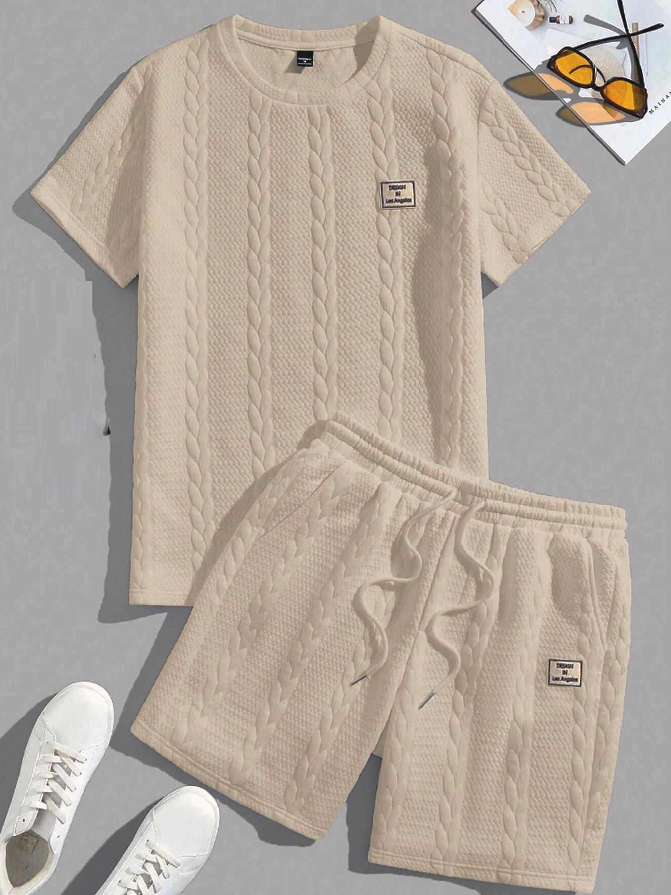 Men's Solid Textured Patched Tee & Drawstring Waist Shorts Set, Regular Fit Casual Round Neck Short Sleeve T-shirt & Pocket Shorts, Men's Summer Clothes