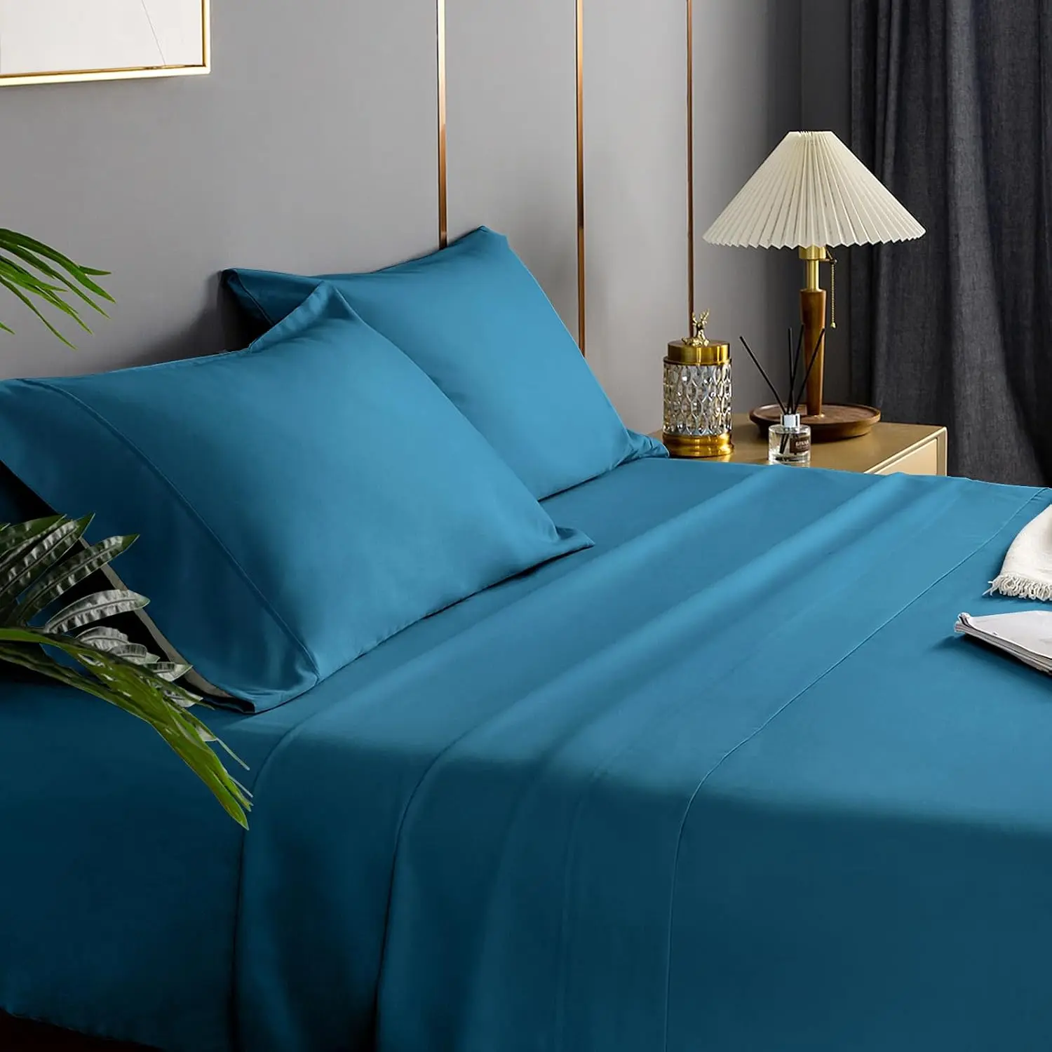 Size Sheet Set,  Size Bed Sheets 4 count, Breathable and Soft Hotel Style Sheets Set, Microfiber Sheets with Deep Pockets, Easy Care, Peacock Blue