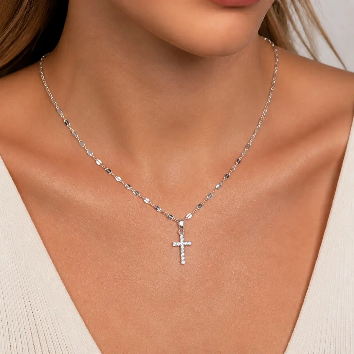 Women's Exquisite Sterling Silver Cross Pendant Necklace - Adjustable Chain, Cubic Zirconia, Religious Style, Copper Accents, Daily Layering Jewelry, Ideal Female Commemorative Gift