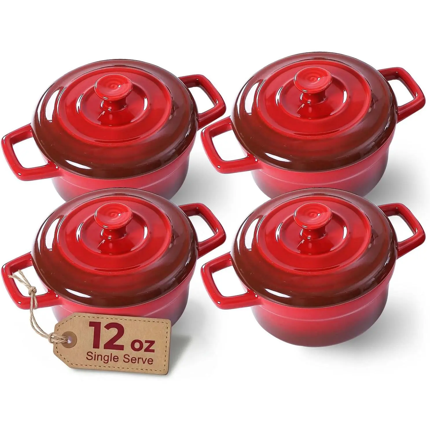 Mini Cocotte 12oz Ceramic Casserole Dish Set with Lid, Red | Small casserole ramekins with handles, oven, microwave & dishwasher safe.  for baking, serving, and individual meals.