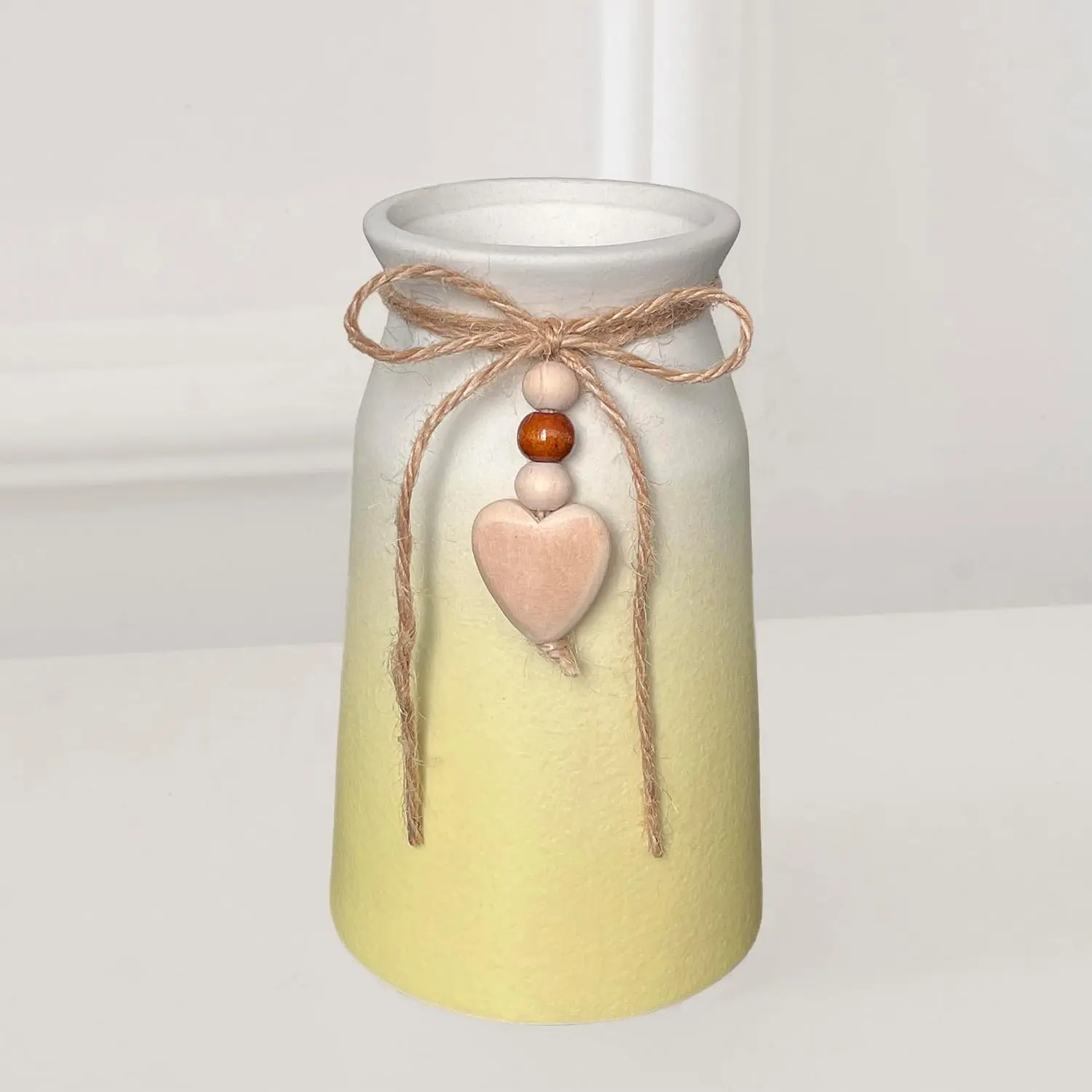 6-Inch Ceramic Flower Vase with Jute Rope & Heart Charm |  for Boho,  & Modern  Décor, Yellow