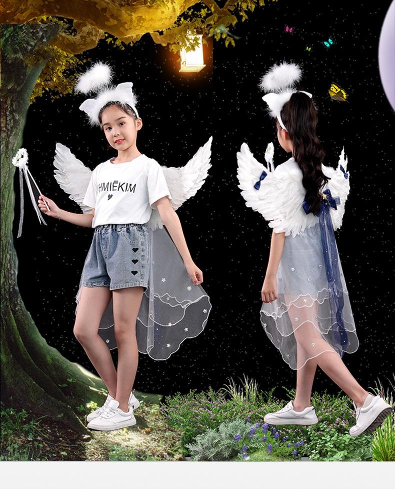 Angel Feather Wings Props for Christmas & Halloween Performance Costume Stage Princess Back Decoration White & Blue Bow Angel Feather Wings Props for Christmas & Halloween Performance Costume Stage Princess Back Decoration White & Blue Bow