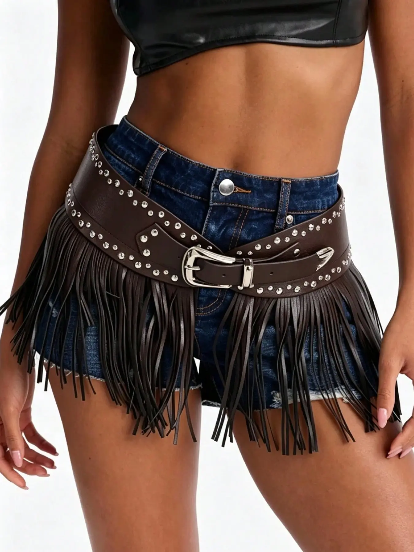 Coffee Color Women's Rivet Fringe Belt, Boho Style, Western Retro, Y2K, Punk Rock, Versatile for Daily Wear, Parties, Weddings, Office