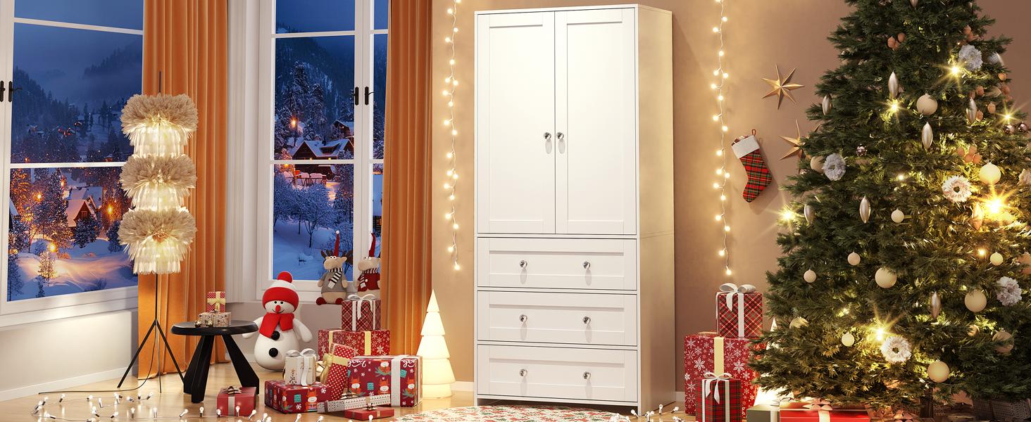 VOWNER Armoire Wardrobe Closet with Drawers and Mirror, 71" Clothing Storage Cabinet with Hanging Rod, 2 Doors Wooden Wardrobe Cabinet for Bedroom, Large Capacity Storage