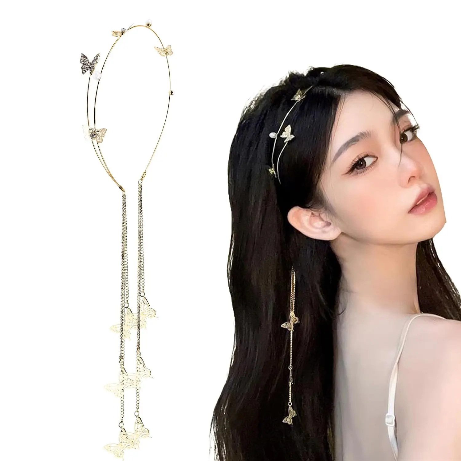 DonLeeving  Wedding Butterfly Headband  Tassel Headband for Women Sparkly Rhinestone  Earrings Hair Chain Hairhoop Hair Accessories for Women and Girls