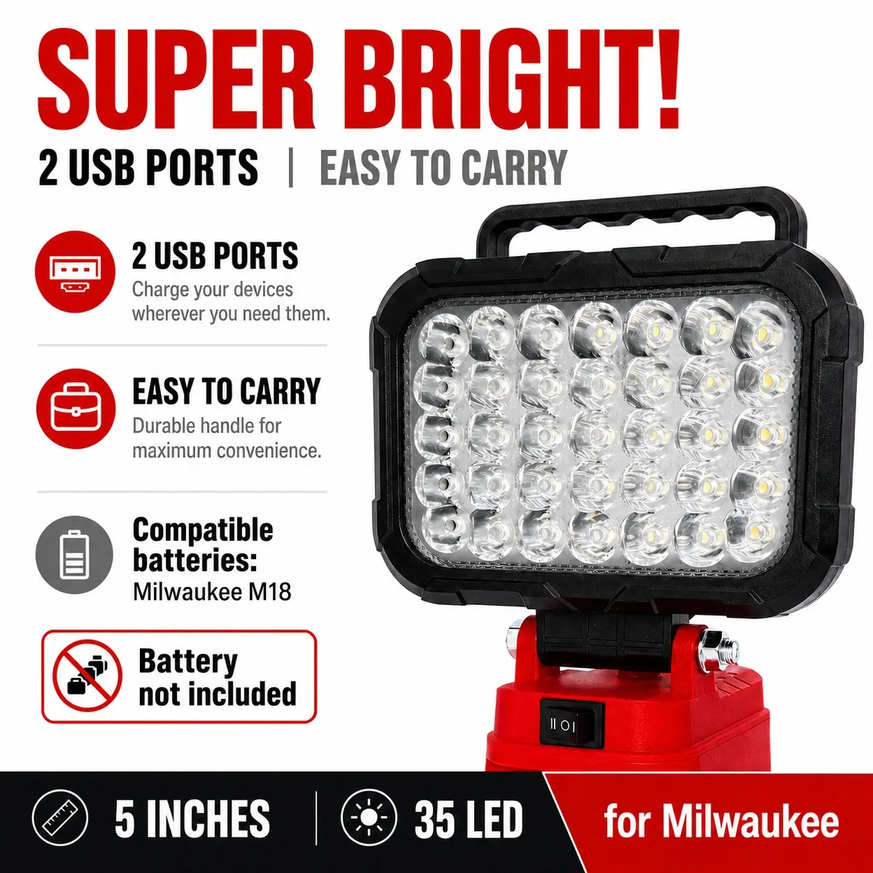 Wireless LED Work Light for Milwaukee 18v Battery, 15w Wide Beam Flood Light, Dual USB Charging Ports, Ideal for Emergency, Workshop, Garage, Portable Working Lights