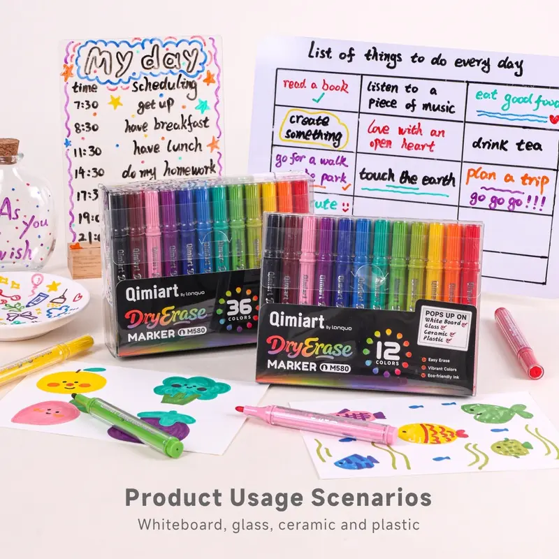12/36 Colors Whiteboard Markers deliver bright colors, clear lines and smooth ink flow. Low-odor ink with easy erase performance is ideal for classrooms, offices, planning boards and daily notes.
