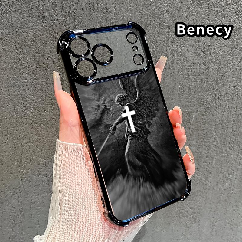 Phone Case for iPhone 17 Pro Max 16 15 Plus Air 14 13 12 11 E Christian Aesthetics Cross Judgement Angel Pattern Four-corner Thickened Anti-drop Protective Silicone Cover Gift