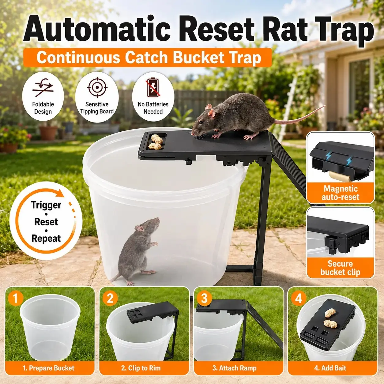 Automatic Reset Bucket Mouse Trap, Reusable Continuous Catch Rat & Rodent Trap with Foldable Tipping Board, No-Battery Multi-Catch Pest Control Trap for 5-Gallon Buckets, Indoor Outdoor, White or Black Ramp Style