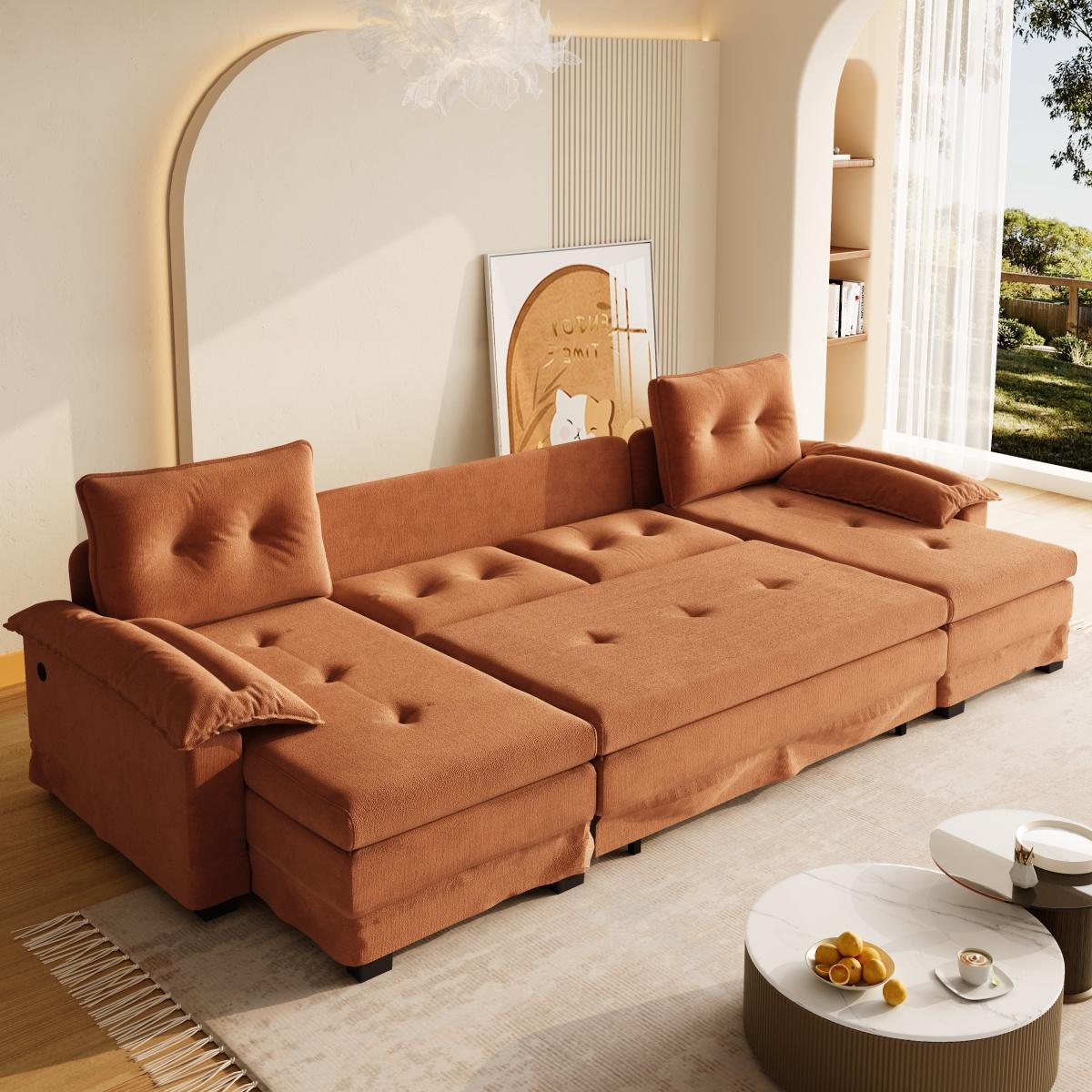 109.5" U-Shaped Sleeper Sofa with Pull Out Bed,2 in 1 Convertible Couch Bed with Removable Armrests & USB Ports,Oversized Sectional Modular with Chaise Lounge for Living Room/Apartment,Orange    RR