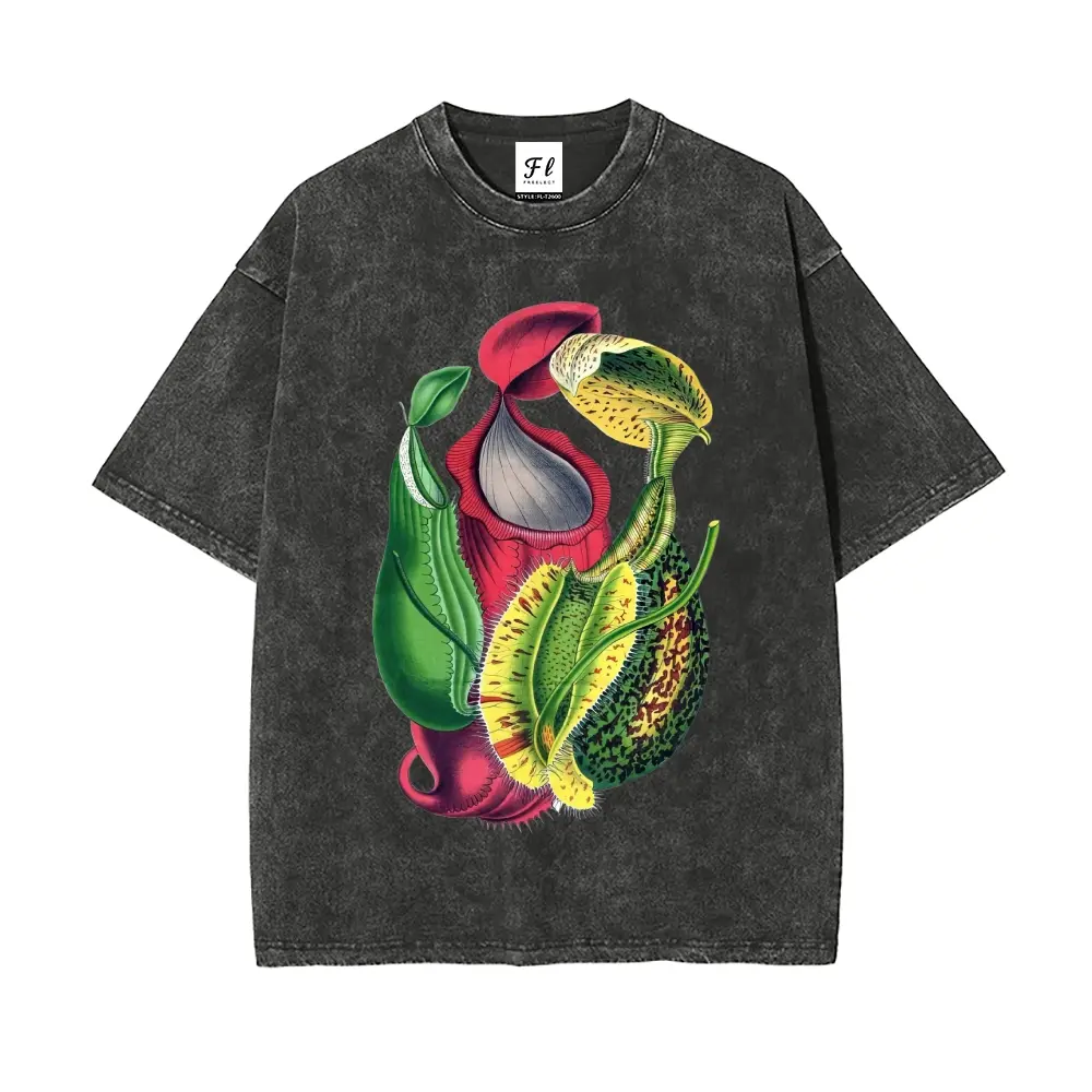 Men's Napenthes Plant Print Washed Look T-Shirt - Round Neck, Vintage Style, Casual Oversized, Unisex Casual Wear