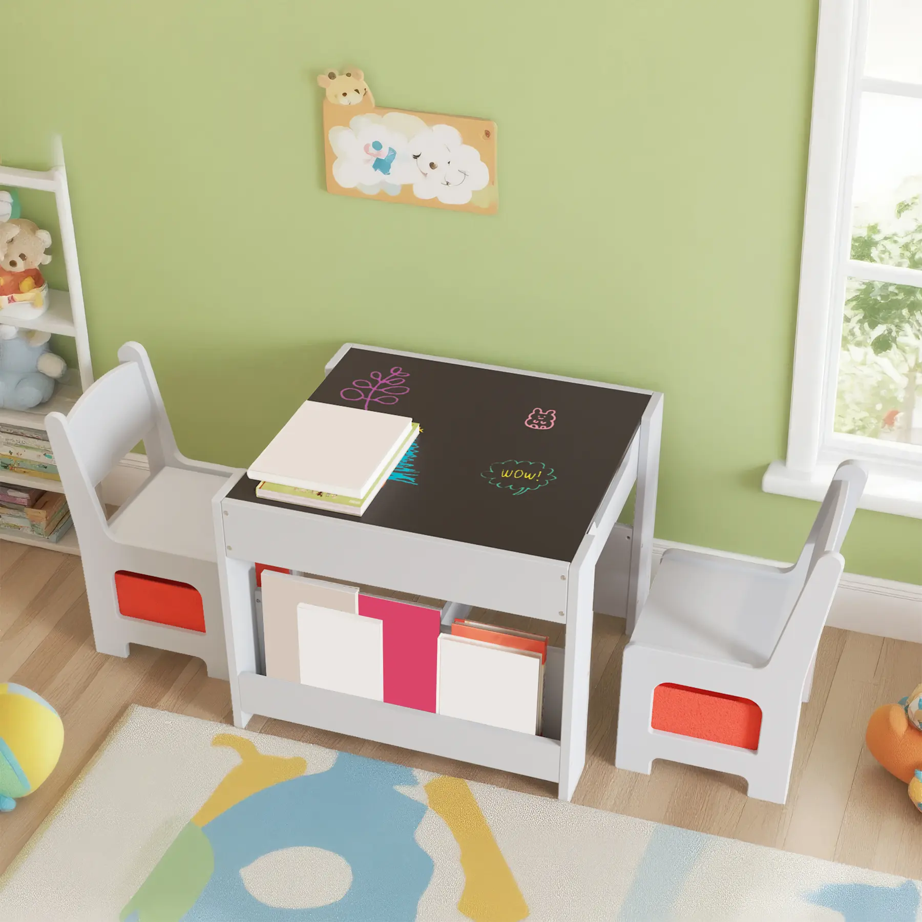 Kids Table and Chair Set, Kids Table and Chair Set 4 in 1 Wooden Activity Table, 2 Seats with Storage Drawers, Kids Study Play Table for Toddlers Bedroom Playroom, Grey