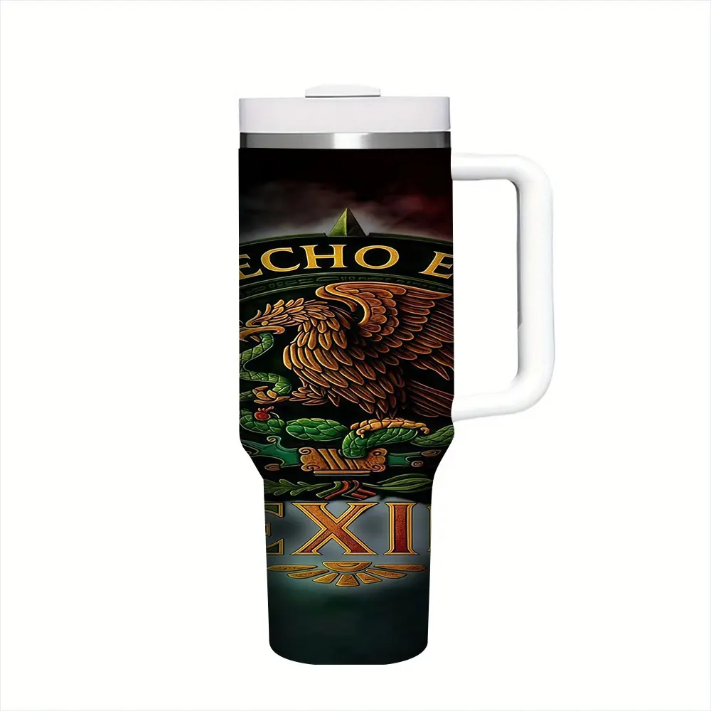 1pc 17oz/17.5oz/20oz/30oz/32oz/40oz Mexico Eagle Serpent Pattern Tumbler With Handle | Large Capacity Stainless Steel Insulated Cup Mexican Heritage Travel Mug Hot Cold Drinks