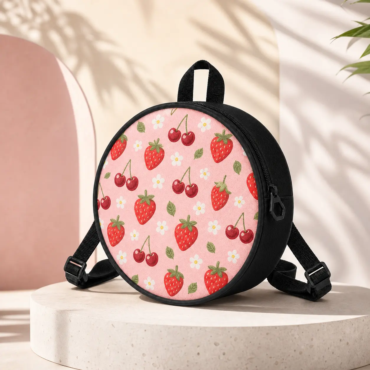 Women's Round Mini Backpack, Cute Fruit Print Small Backpack Purse for Girls Teens, Orange Blueberry Apple Strawberry Grape Pattern Daypack, Lightweight Travel Shoulder Bag with Adjustable Straps, Casual School Shopping Vacation Bag, Gift for Women