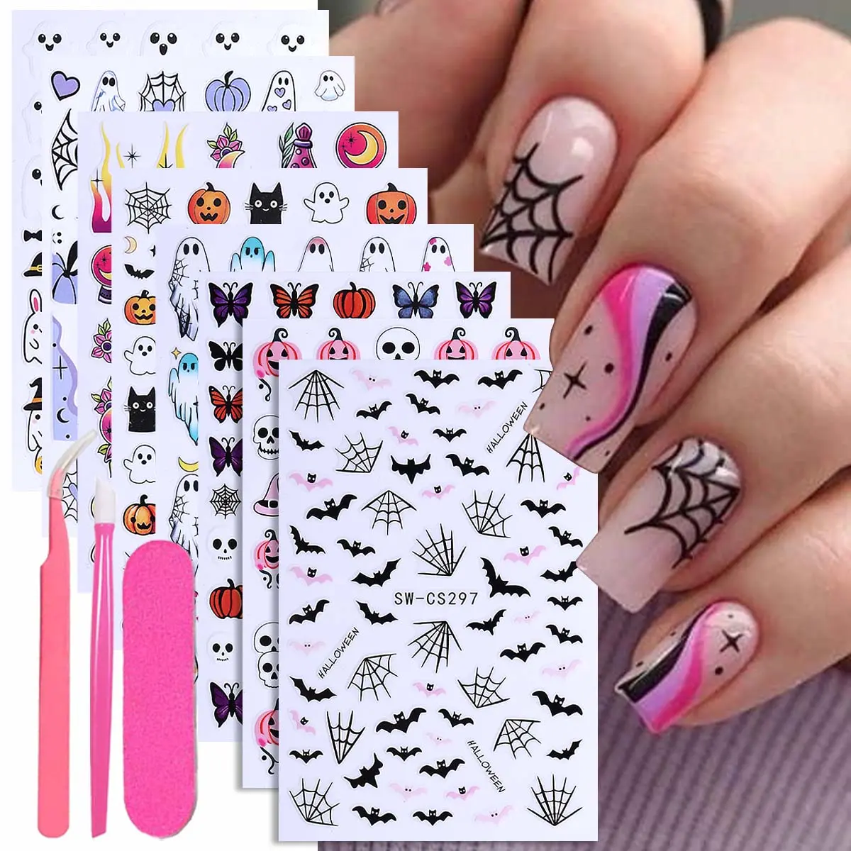 8pcs Halloween Nail Art Stickers Set with Tweezers, Cartoon Cute Ghost Bat Spider Web Pumpkin Skull Designs, Perfect Festive Gift for Women, Nail Art Accessories