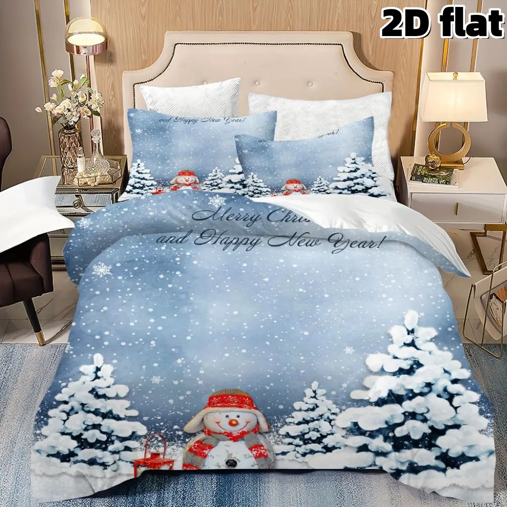 2D Flat 3Pcs Christmas Bedding Winter Snowman Duvet Cover Pillowcases Snow Scene Holiday Bedding Collection Microfiber Comforter Cover Festive Home Decor Bedroom Xmas Gift Winter Decoration Bedding Sets
