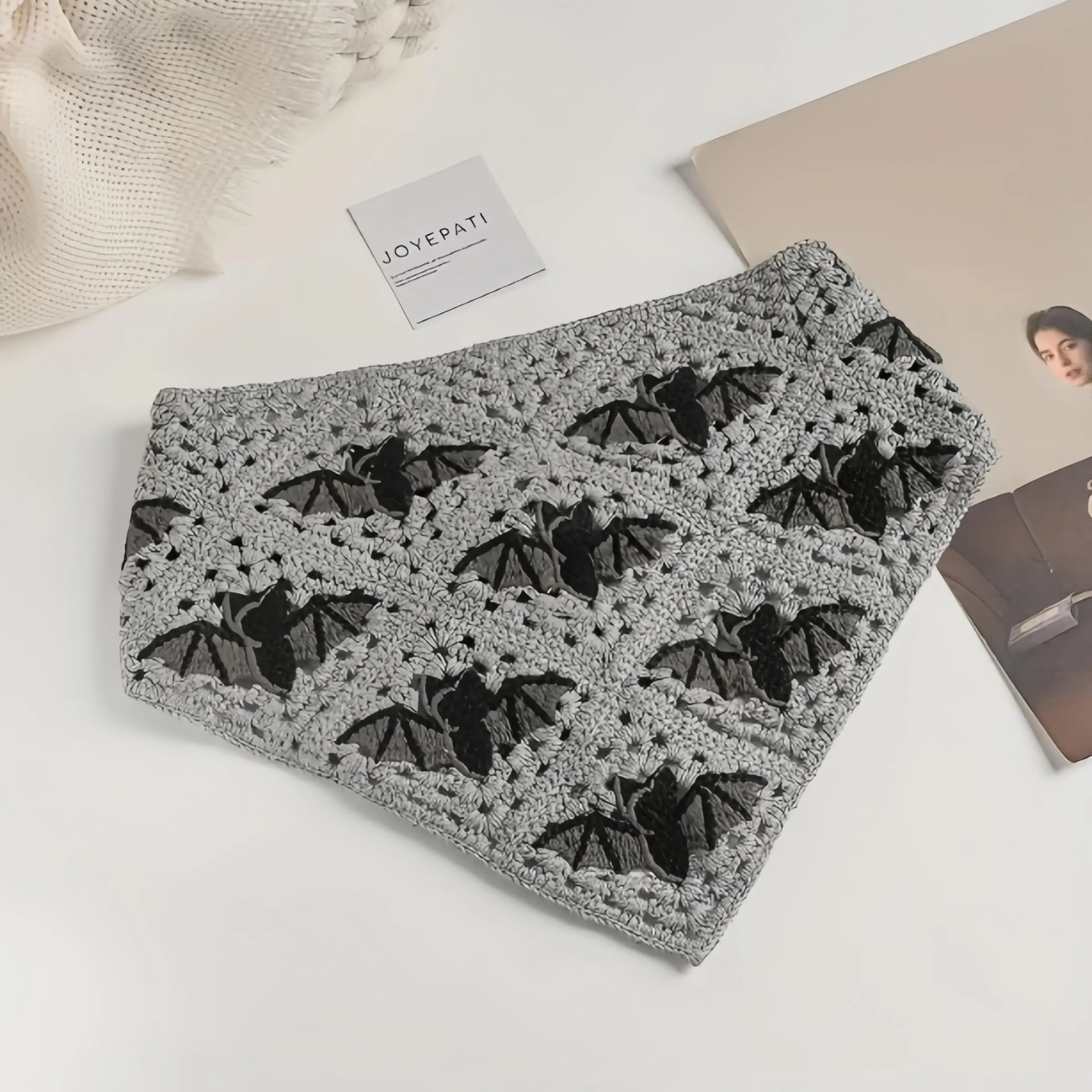 New Bohemian Crochet Bat Pattern Triangle Headband, Cotton Knit Headband, Perfect for Halloween, Stylish and Comfortable Accessory