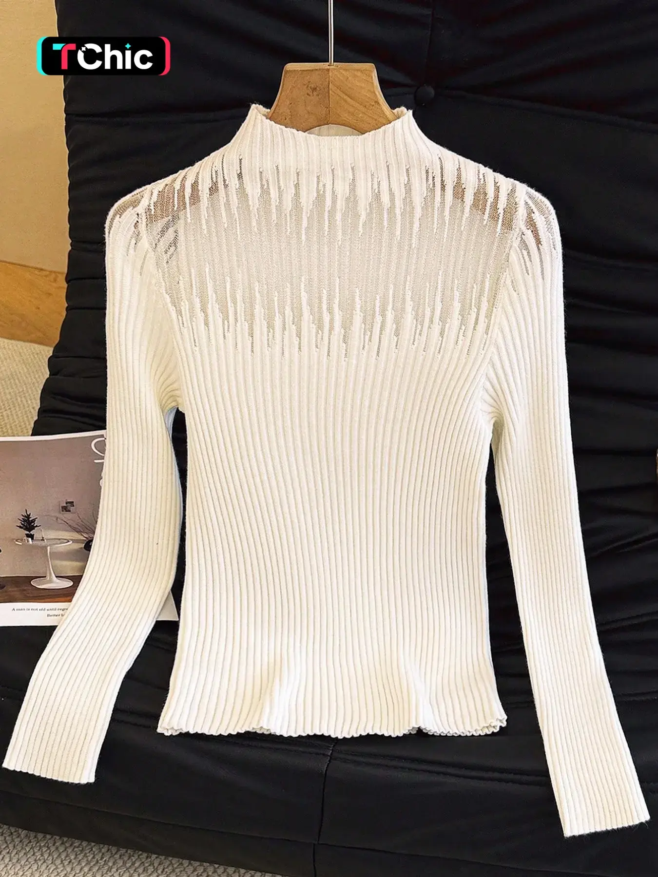 Summer Women's Elegant Transparent Glass Silk Half High Neck Pullover, Fashion Casual Slim Fit Knit Sweater, Long Sleeve All Seasons Knitwear Womenswear Lady Tops, Lightweight Knit Pullover