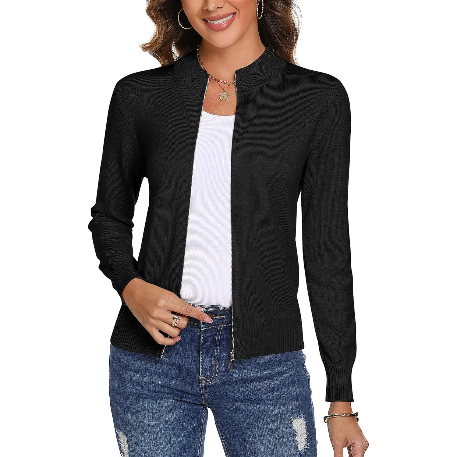 Womens Long Sleeve Knitted Zip Up Sweater Cardigans Sweaters Lightweight Zipper Sweatshirts Jacket