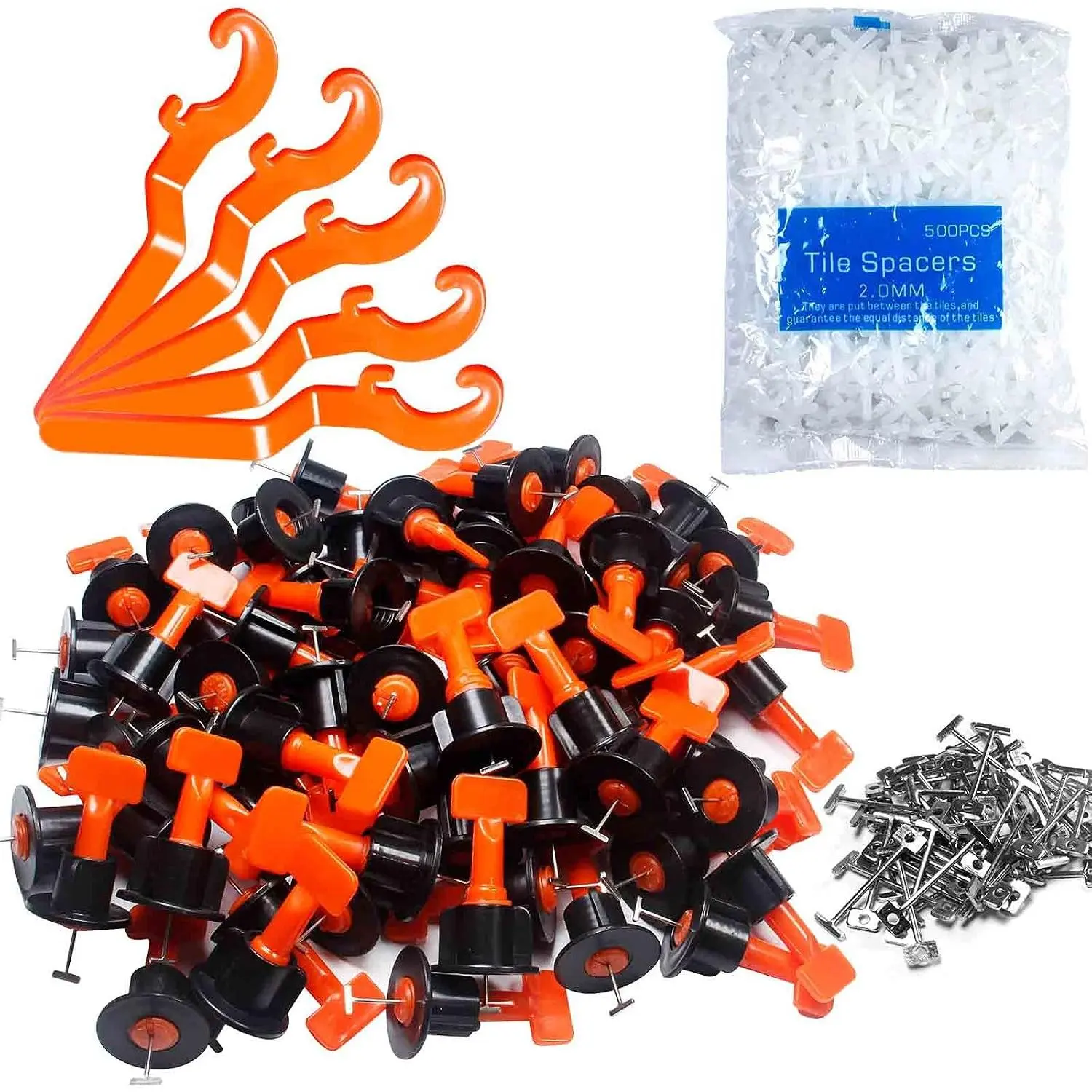 2022 Version PP Plastic Tile Leveling System Kit for DIY Users, 200pcs 2-6mm Reusable Levelers, 1000pcs 1/12-Inch Spacers, 5pcs Wrenches, 50pcs 1/16-Inch Replaceable T-Pins for Wall Tiling Adjustment