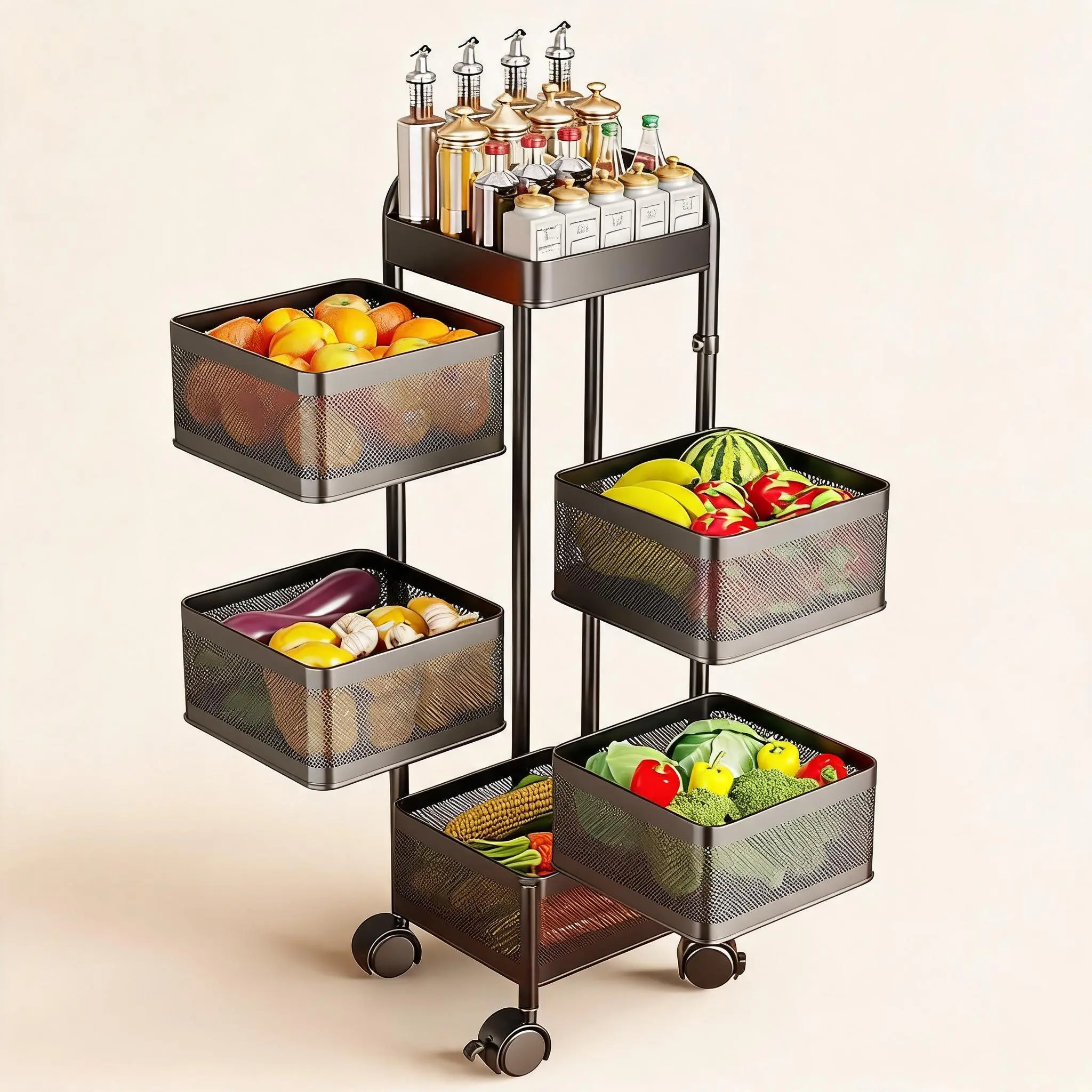 Rotating 5-Tier Kitchen Storage Cart - Thickened Carbon Steel Organizer with Top Lid, Mobile Utility Rack with Wheels, Multi-Purpose Fruit & Vegetable Shelf for Kitchen