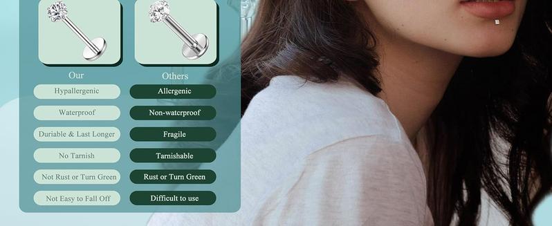 MILACOLATO 316L 2-6pcs Stainless Steel 16G 3mm CZ Inlaid Lip Rings Labret Monroe Nose Studs Helix Earring Piercing, 6mm 8mm 10mm Bar Length Available