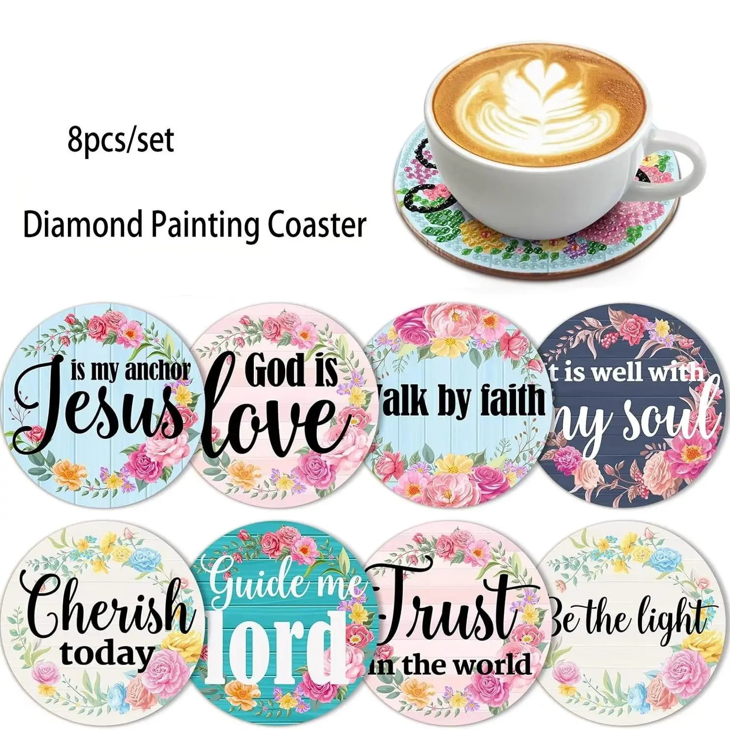 8-Piece Diamond Painting Set with Stand, Creative Letter Theme Coaster Set, Sparkling Diamond Art Wooden Mosaic Handmade Kit, Diamond Painting Kits, Diy Craft Supplies