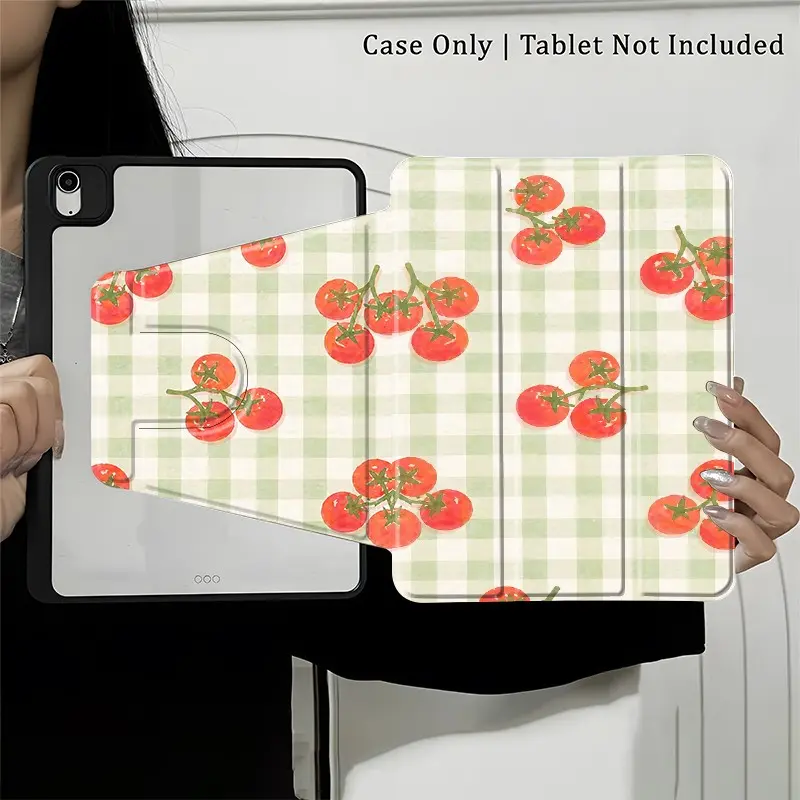 Cute Tomatoes Trifold Stand iPad Case,360° Rotating Protective Stand Folio with Pen Holder,Auto Sleep/Wake Mode, Full Body Shockproof & Scratch-Resistant,Transparent Acrylic Back, Fit 7.9/8.3/10.2/10.5/10.9/11/12.9/13 Inch,Great Gift for Back School