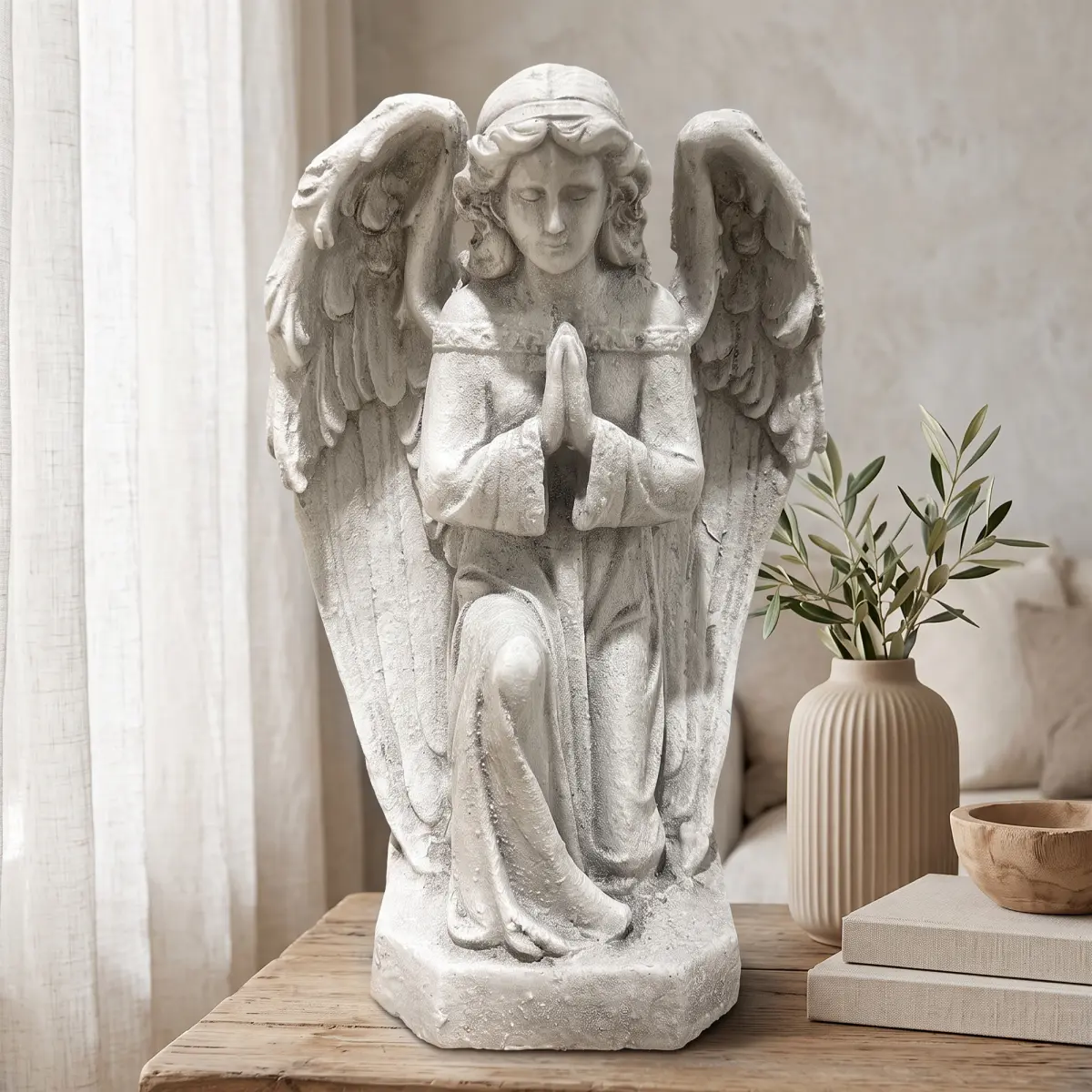 [Fahuac] Freestanding Praying Angel Garden Statue, Weatherproof Magnesium Oxide Cherub Sculpture, Antique White-Gray Decorative Figurine for Lawn, Memorial Sites, Both Indoors/Outdoors