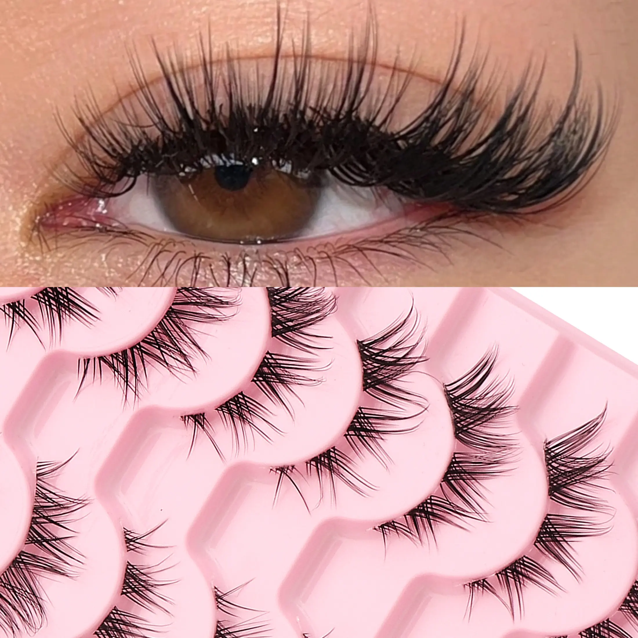10 Pairs Japanese Korean False Eyelashes, Cat Eye Style, Long Lash Upward Curl, Soft Cotton Fiber, Lightweight, Natural Look, Daily Use