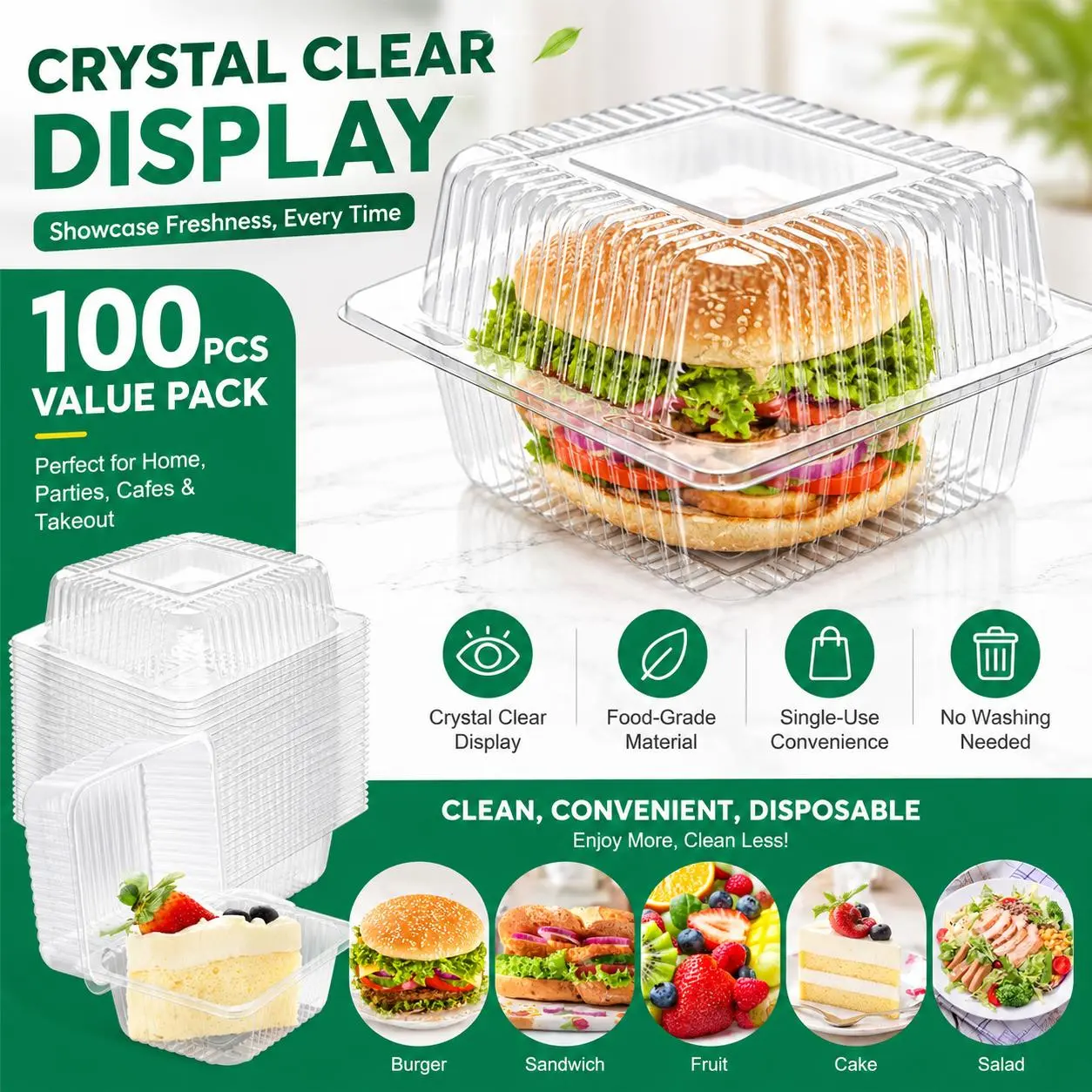 100-PC 5x5 Inch Food Storage Container Set, Plastic Containers, with Lids-Square Plastic Hinged for Pantry Organization Travel, Ideal for Outdoor Picnics Take-Out Container