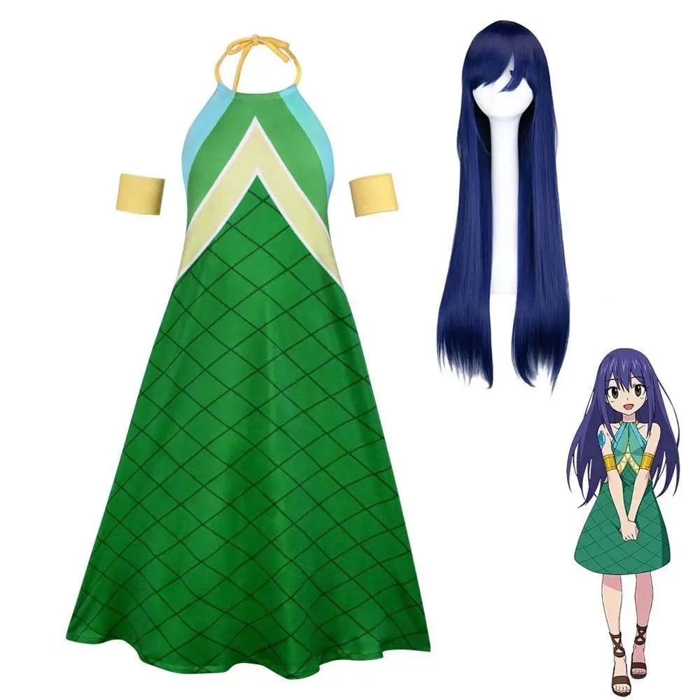 Anime Fairy Tail Wendy Marvell Cosplay Costumes Green Dress for Women Girls Halloween Party Christmas Dragonscale Clothing Wig
