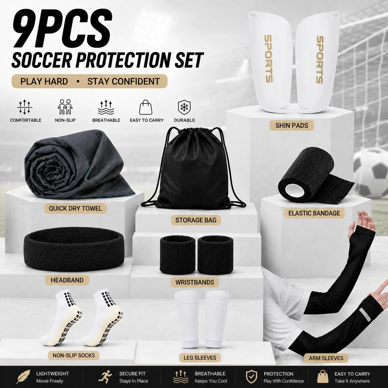 Football Sports 9-Piece Set, Complete Gear Kit for Training and Matches, All-In-One Football Equipment, Essential Soccer Accessories