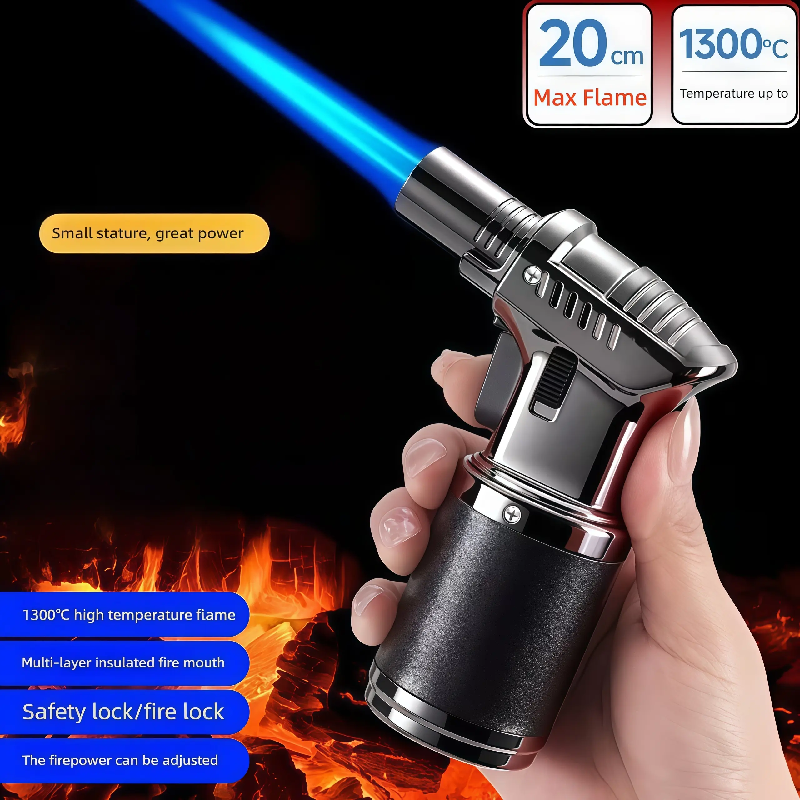 7-in Refillable Butane Torch Lighter - Big Flame, Safety Lock, Windproof Adjustable Jet, Gift Boxed for Camping, Creme Brulee, Christmas Gifts (Butane Not Included)