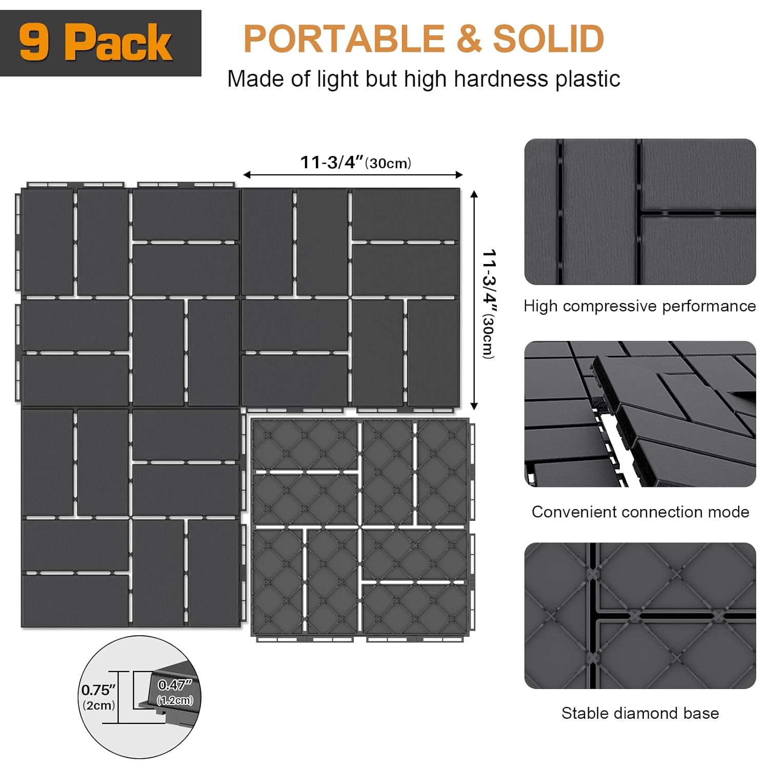 Plastic Interlocking Deck Tiles, 9 Pack Outdoor Patio Flooring, 12"x12" Interlocking Decking Tile Outdoor  Weather Use,  Patio Pavers for Pool Balcony Backyard Porch, Dark Grey