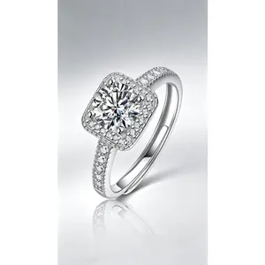Sugar cube ring, adjustable open ring made of pure silver with sparkling moissanite