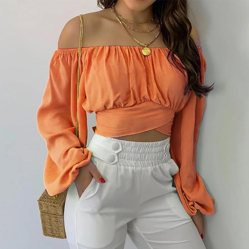 Aria Muse Women Sexy Off Shoulder Blouse Chic and Elegant Printing Lantern Long Sleeve Lace Up Bow Cropped Tops Casual Slim Shirts 2026