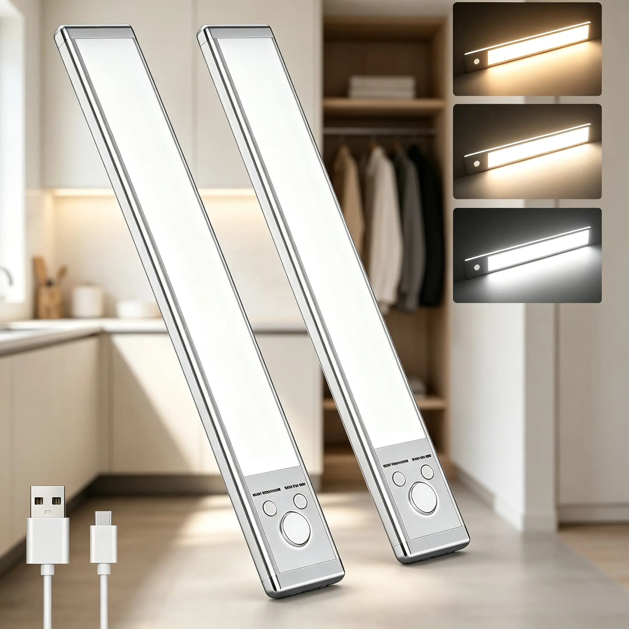 USB Rechargeable Motion Sensor Night Light 2‑Pack, Magnetic Stick‑On Wireless LED Cabinet Light, Auto On/Off Motion‑Activated Lamp for Closet, Stairs, Kitchen, Bedroom, Hallway, Bathroom`