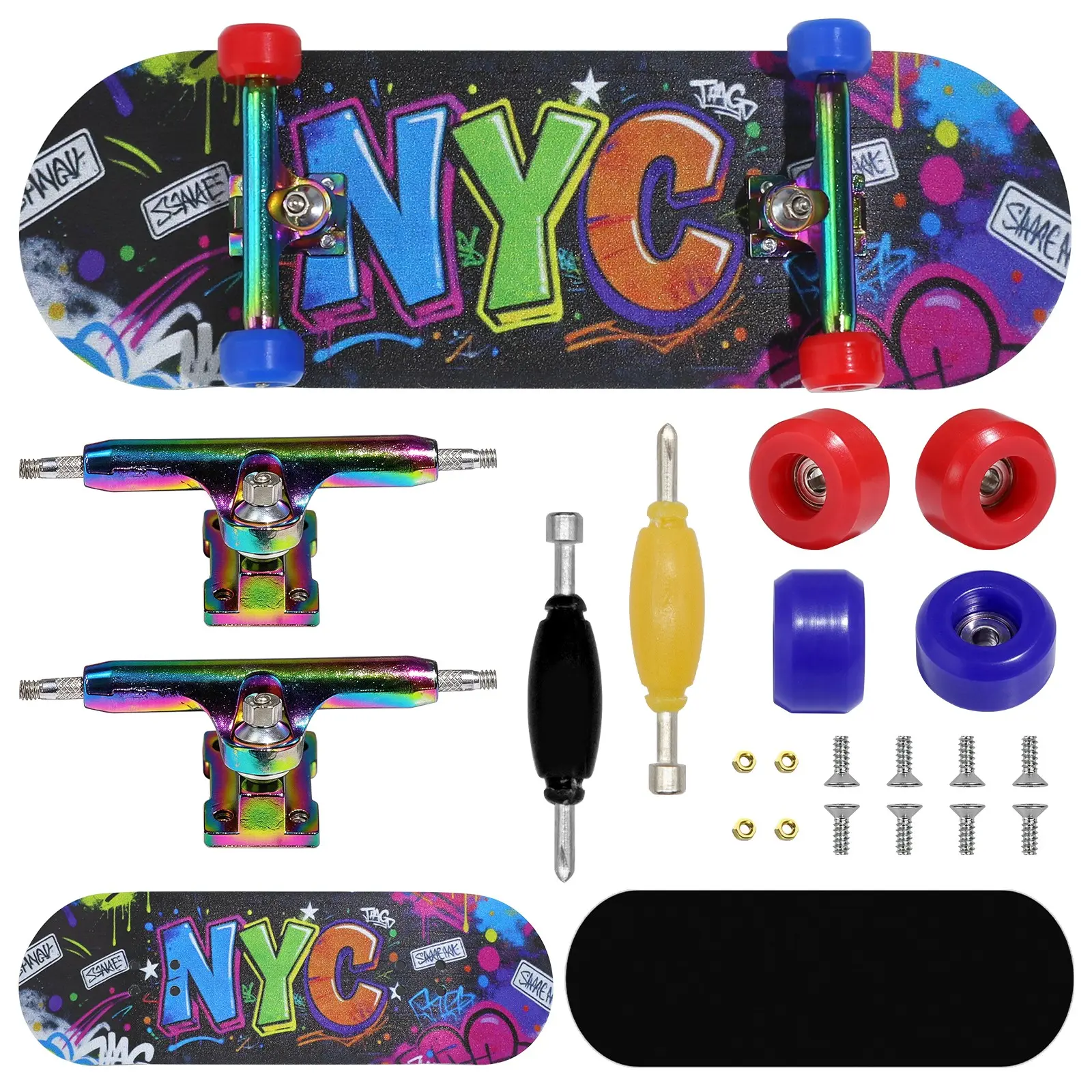 DIY Complete Skateboard Kit,Plastic Deck with Pattern, 34mm Extended Gradient Electroplated Trucks, 2 Sets of PU Wheels, Grip Tape & Assembly Tools, Beginner Skateboard Building Set for Street Skating