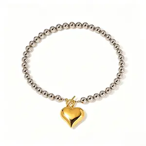Women's 2-Tone Boho Heart Pendant Jewelry Set - Waterproof Stainless Steel Beaded Choker, Ring, Bracelet - Fashion Statement Costume Accessory